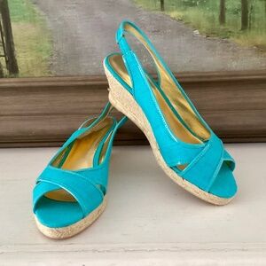 Talbots Turquoise Blue Crisscross Textile Wedge Platform Espadrilles Sandals 8.5
